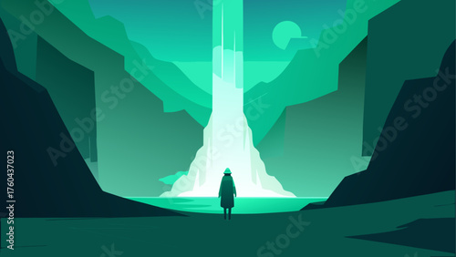 Lone figure gazes at a majestic waterfall in a stylized green landscape