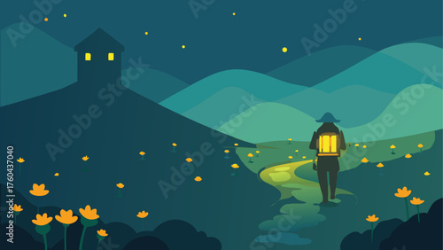 Lone traveler with a lantern walks on a glowing path towards a distant castle at night