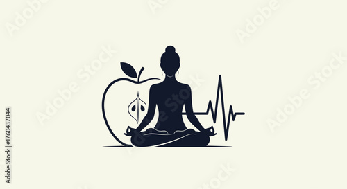 Holistic Health and Wellness Icon: Meditation, Nutrition, and Heartbeat Pulse