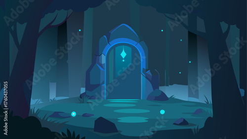 Mysterious glowing portal in a dark enchanted forest at night