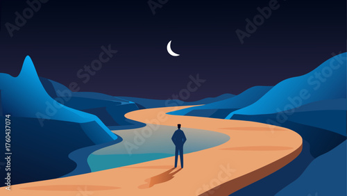 Lone figure stands on a winding path under a crescent moon and starry night sky