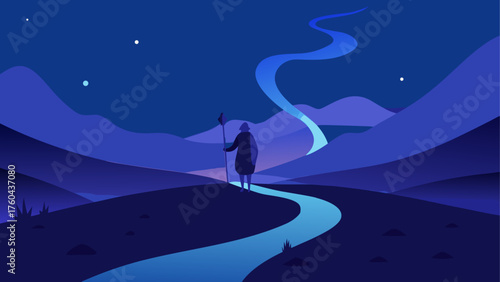 Lone traveler with staff follows a glowing blue path through a stylized mountain landscape at night