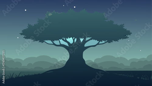 Silhouette of a large ancient tree against a twilight sky with stars and clouds
