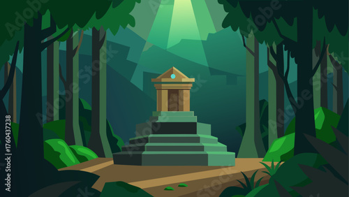 Ancient temple structure with steps in a lush green forest with light rays