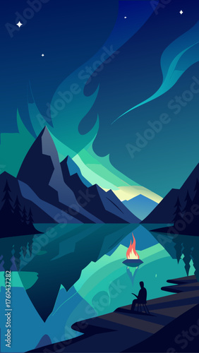 Lone figure enjoys a campfire on a tranquil lake under the aurora borealis