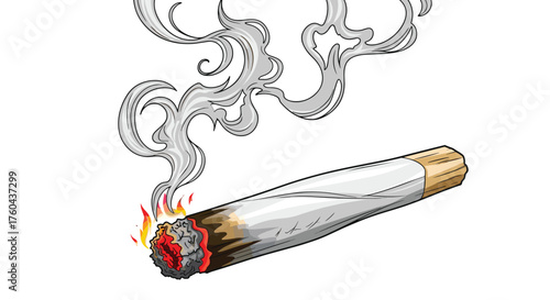 Burning Joint Illustration in Cartoon Style with Smoke Trails – A Symbolic Representation of Leisure, Relaxation, and Lifestyle Choices, Suitable for Social Commentary, Artistic Projects, or Digital M