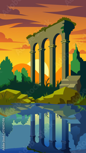 Ancient roman aqueduct ruins reflected in calm water at sunset