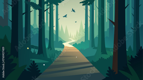 A winding path leads through a dark stylized forest towards a bright sunlit clearing