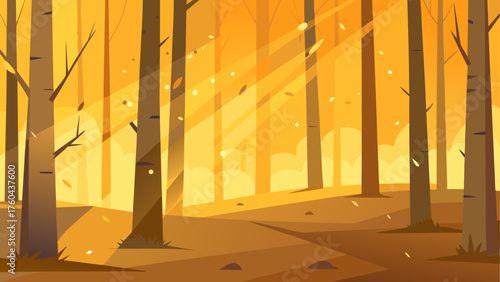 Stylized forest scene with warm autumn sunlight filtering through trees and falling leaves