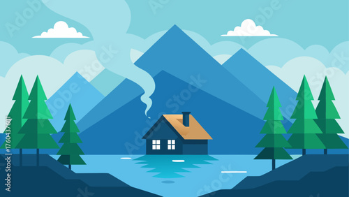 Cozy cabin nestled by a serene lake with majestic mountains and pine trees