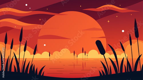 Vibrant sunset over a tranquil lake with silhouetted reeds and clouds
