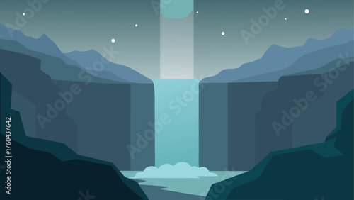 Minimalist illustration of a waterfall cascading into a pool at night with stars