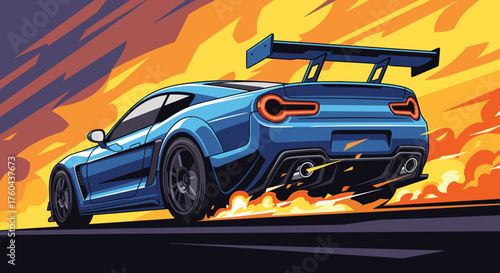 Sleek Blue Sports Car Racing with Flames on Asphalt Road at Sunset - Automotive Illustration, Racing Vehicle, High Speed, Transport, Graphic Design, Modern, Transportation, Automotive, Passion, Compet