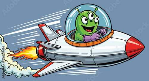 Cartoon Alien Pilot Flying Spaceship Rocket Through Space, Adventure Travel and Cosmic Journey, Fantasy Illustration for Children's Education, Space Exploration, Graphic Design, Colorful Sci-Fi Art, F