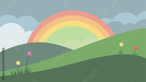 Pastel rainbow arches over rolling green hills with scattered flowers and clouds
