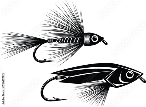 Classic Fly Fishing Lures in Detailed Vector Illustration, Angling Equipment for Sport Fishing, Fly Fishing Hooks and Tackle, Traditional Angler's Baits for Trout and Salmon Fishing, Sport and Recreat