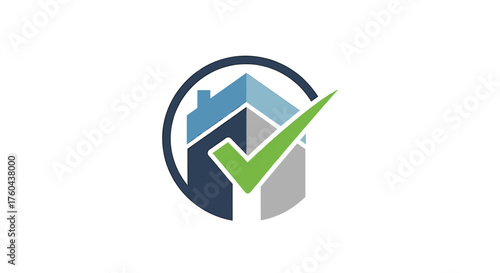 Verified Property and Real Estate Check Logo Vector. House with Check Mark in Circle. Home Inspection, Quality Construction, and Trusted Housing Service Symbol.