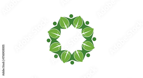 Eco-Community and Nature Network Logo Vector. Circle of Green Leaves and People Figures. Sustainable Teamwork, Environmental Support, and Organic Life Symbol.