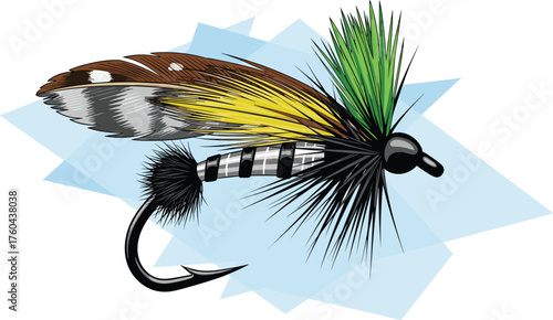 Detailed Fly Fishing Lure Ready for Angling Adventure on Clear Stream Waters - Vector Illustration for Outdoor Recreation, Sporting Goods Marketing, Fishing Guides, Nature Education,  Angler Hobby, Tr