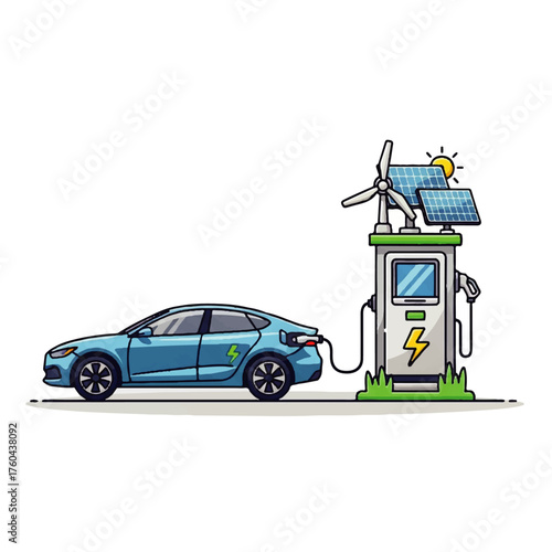 Electric car charging at a station powered by renewable solar and wind energy, illustrating sustainable transportation