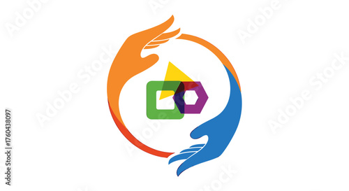 Creative Project and Intellectual Property Protection Logo Vector. Hands Shielding Colorful Geometric Shapes. Innovation Safety, Design Care, and Abstract Solution Symbol.
