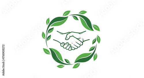Eco-Friendly Partnership Logo Vector. Green Handshake with Leaves in Circle. Sustainable Business Deal, Environmental Cooperation, and Nature Conservation Symbol.