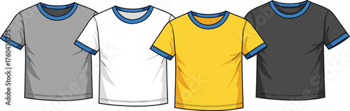 Four Ringer T-Shirts Mockup Displayed in a Row for Clothing Apparel Design Presentation, Fashion and Style, Modern Casual Wear Graphics Template, Cotton Fabric Garments, Vector Illustration, Assorted
