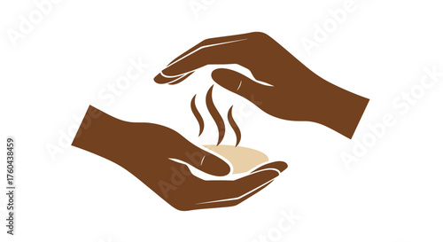 Warm Coffee Break and Cafe Logo Vector. Dark Skinned Hands Cupping Hot Mug. Relaxation, Comfort, and Cozy Drink Time Illustration/Symbol.
