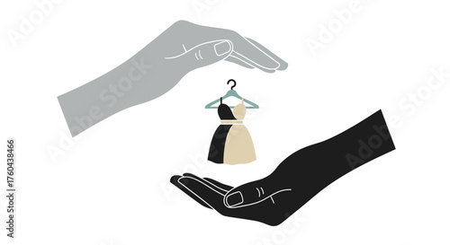 Clothing Care and Laundry Service Logo Vector. Hands Protecting Dress on Hanger. Fashion Maintenance, Dry Cleaning, and Garment Protection Symbol.