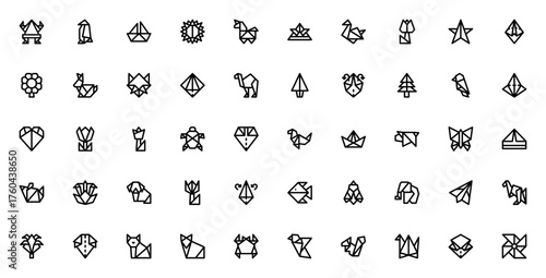 Origami icon set. Vector paper folding symbols colletion. Featuring frog, pengin, ship, unicorn, swan, sar, rabbit, camel, bird, trtle, butterfly, cat and mre.