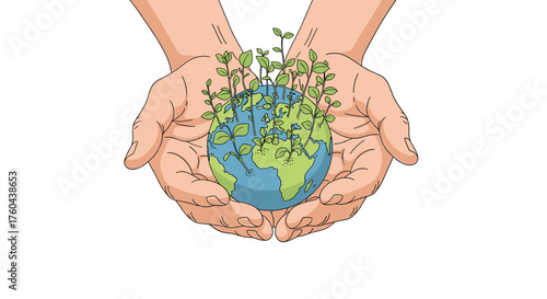 Hands Holding Planet Earth with Sprouts Vector. Global Ecology, Environmental Protection, and Sustainability Concept. Save The World and Growth Illustration.