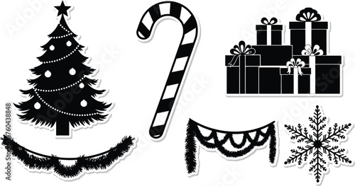 Black and White Christmas Holiday Decorations Silhouette Set