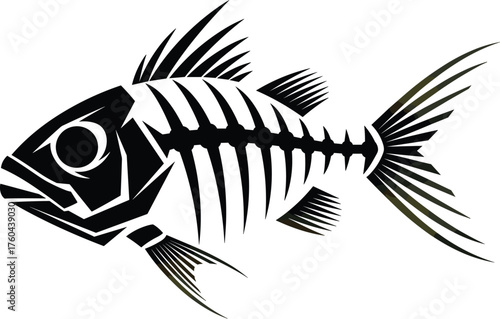 Stylized Fish Skeleton Silhouette Graphic Illustration, Marine Animal Remains in Black and White, Tattoo Design for Seafood Industry, Nautical Symbolism, Vector Artwork for Fishing and Ocean Life Pres