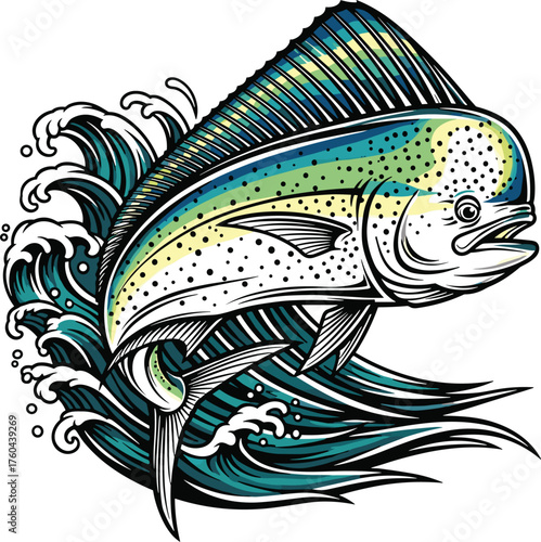 Vibrant Mahi-Mahi Leaping from Ocean Waves Artwork: Sportfishing Illustration for Marine Life Enthusiasts, Coastal Decor, Wildlife Art Prints, and Seafood Marketing Materials – Colorful Aquatic Fish D