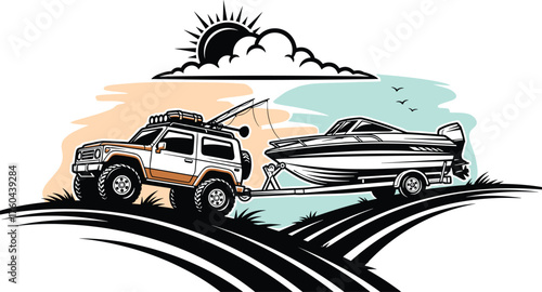 Off-Road Vehicle Towing Speedboat on Trailer Through Countryside - Summer Recreation Adventure Concept, Outdoor Lifestyle Illustration, Vector Graphic for Transportation, Travel, and Leisure Designs w
