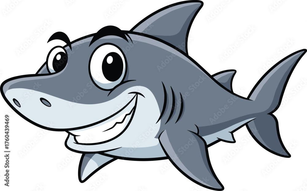 Fototapeta premium Cheerful Cartoon Shark Smiling Widely in Ocean Depths, Friendly Aquatic Creature for Children's Education and Marine Life Awareness, Animated Character for Digital Illustration and Educational Resourc