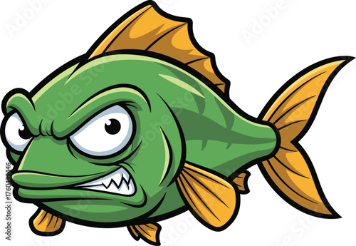 Cartoon Green Fish with Angry Expression, Sharp Teeth Illustration, Isolated Against White Background for Children's Education & Digital Media Animated Animal Character Design, Mascot, Colorful Aquati