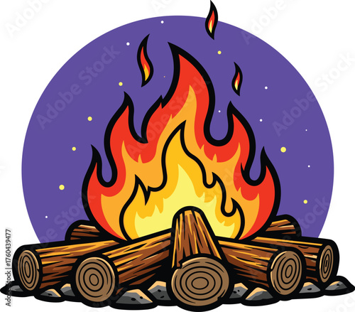 Campfire Illustration Burning Brightly at Night: A Cozy and Inviting Fire Pit with Glowing Flames & Wooden Logs, Perfect for Outdoor Adventures, Camping, Storytelling, Holiday Gatherings, & Nature-The