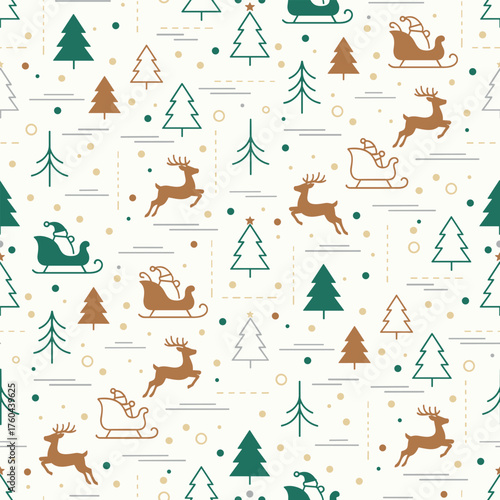 Christmas Tree Pattern Vector. Seamless Christmas Tree Pattern with Santa sleigh and reindeer. Snowy sky seamless pattern Background.