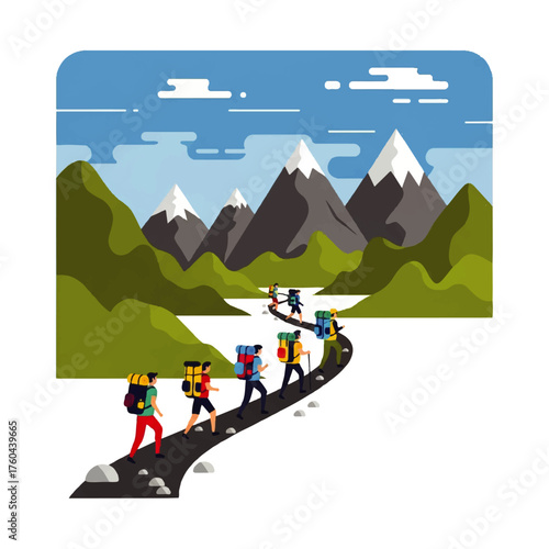 A group of hikers with backpacks trekking on a scenic mountain trail towards snow-capped peaks