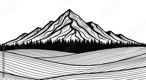 Majestic Mountain Peaks Landscape with Wavy Fields and Forest Silhouette, a Minimalist Vector Illustration for Nature Tourism, Outdoor Adventure, and Tranquil Escape Promotion, Ideal for Travel and Ad