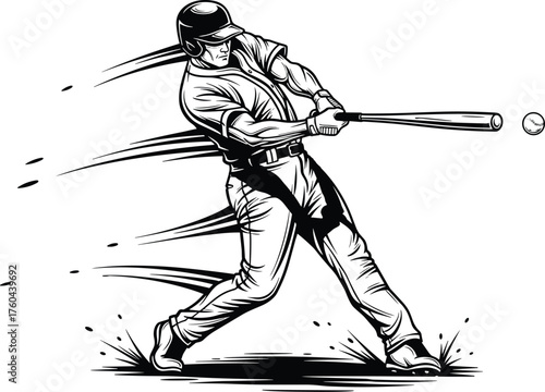 Dynamic Baseball Player Swinging Bat with Power in Action, Illustrating Sports, Competition, and Skill, Creating Motion and Energy for Sporting Goods Marketing, Athletic Design, and Game Promotion wit