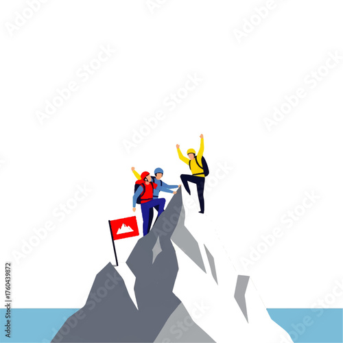Illustrative depiction of a triumphant climbing team celebrating victory on a mountain peak, symbolizing teamwork and achievement