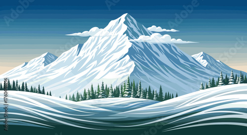 Majestic Snow-Capped Mountains Landscape Vector Illustration Scene, a Serene Alpine Vista with Evergreen Forest and Rolling Hills, for Winter Travel, Nature Exploration, Adventure Tourism, and Conserv