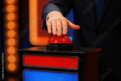 Hand about to press a red button on a blue-lit panel, symbolizing urgency or decision-making