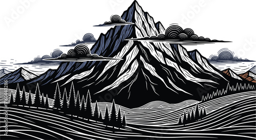 Majestic Mountain Landscape with Snow-Capped Peaks and Forest Trees Illustration Graphic, Adventure Travel Destination Artwork, Modern Vector Design for Outdoor Lifestyle Business Presentation Backgro