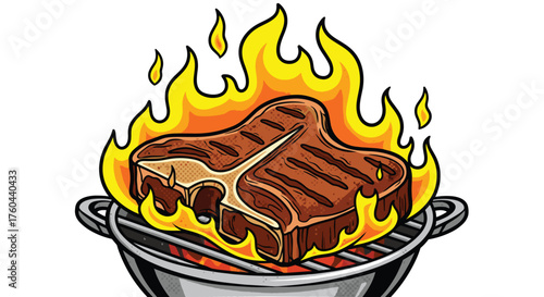Grilled T-Bone Steak Sizzling on BBQ Grill with Fiery Flames - Culinary Art for Restaurant Menu, Summer Cookout, Food Blog, Butcher Shop, BBQ Fest Promotion, Delicious Dinner, Cartoon Style Illustrati