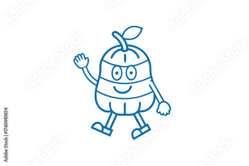 Blue cartoon fruit character with face waves hello as it walks cheerfully