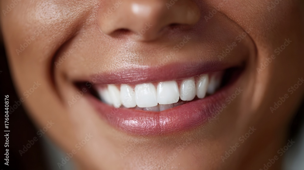 Obraz premium Close up of a woman s bright healthy smile with perfect white teeth and glossy lips