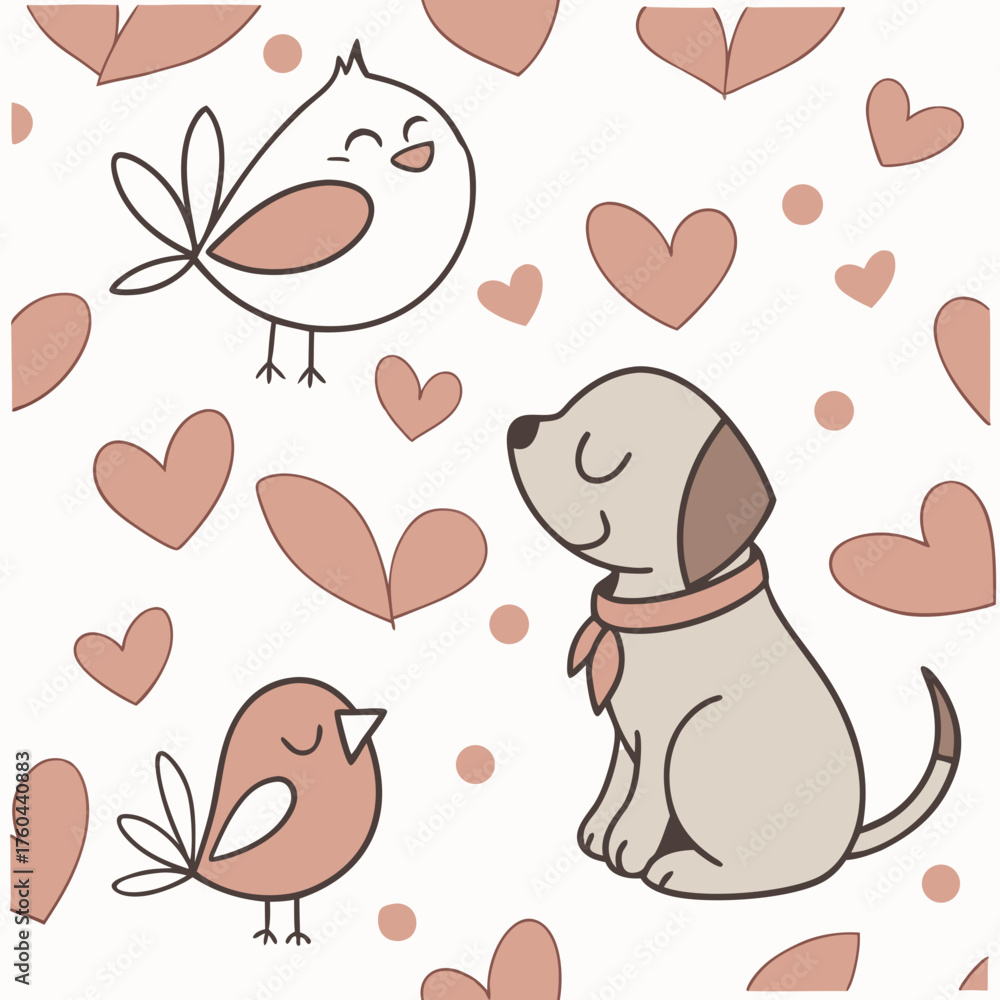 Fototapeta premium Cute cartoon animals with dogs and birds on a heart background 